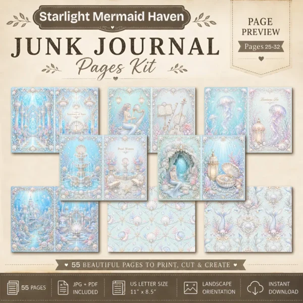 Whimsical Mermaid Junk Journal Pages - Ocean Ephemera, Under The Sea, Coral Reef, Starfish, Magical Ocean Ephemera, Digital Download