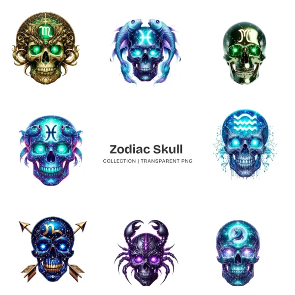 Zodiac Skull PNG Clipart Collection - 40 PNG, Gothic Astrology Graphics, Mystical Décor, Fantasy Printables, Commercial use,Digital download