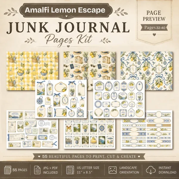 Amalfi Lemon Escape Junk Journal Pages - Summer Travel Ephemera, Mediterranean Coast, Italian Beach, Vintage Ephemera, Digital Download