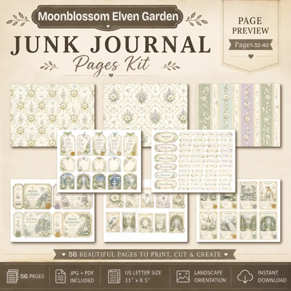 Moon Blossom Elven Garden Junk Journal Pages - Magical Forest Ephemera, Whimsical Foliage, Butterflies, Fantasy Ephemera, Digital Download