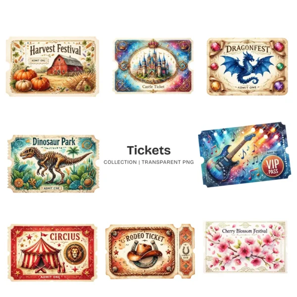 Tickets PNG Clipart Collection - 40 PNG, Event Pass Graphics, Party Ticket, Festival Movie Printable, Commercial use, Digital download