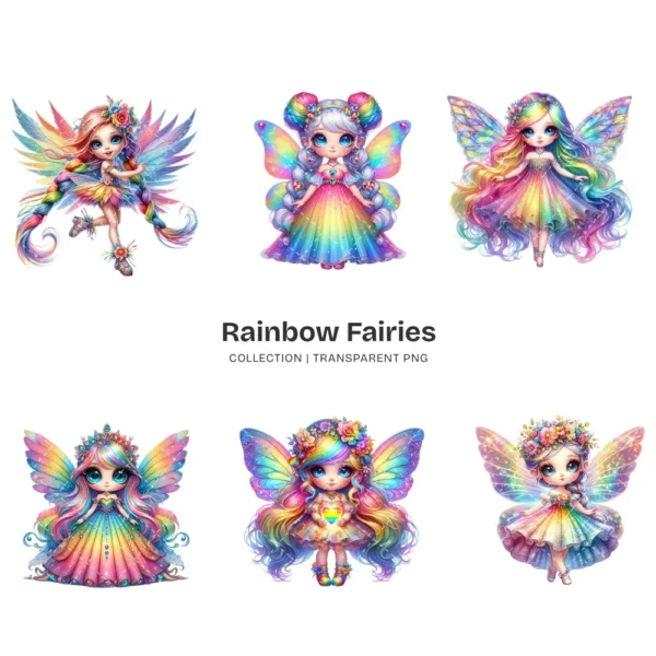 Rainbow Fairies PNG Clipart Collection - 60 PNG, Ethereal Fairies Graphics, Colorful Flowers Printable, Commercial use, Digital download