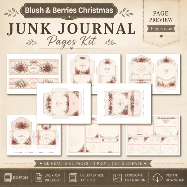 Blush & Berries Christmas Junk Journal Pages - Winter Ephemera, Pink Christmas, Frosty, Snowflakes , Festive Ephemera, Digital Download