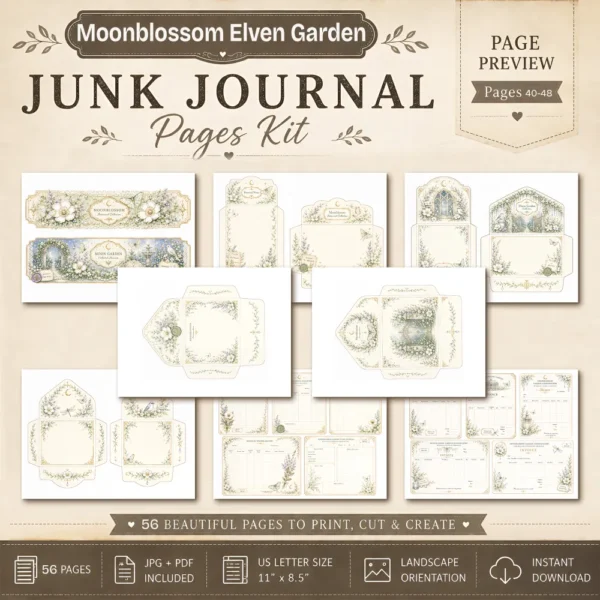 Moon Blossom Elven Garden Junk Journal Pages - Magical Forest Ephemera, Whimsical Foliage, Butterflies, Fantasy Ephemera, Digital Download