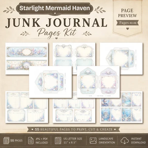 Whimsical Mermaid Junk Journal Pages - Ocean Ephemera, Under The Sea, Coral Reef, Starfish, Magical Ocean Ephemera, Digital Download