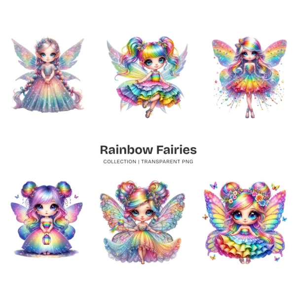 Rainbow Fairies PNG Clipart Collection - 60 PNG, Ethereal Fairies Graphics, Colorful Flowers Printable, Commercial use, Digital download