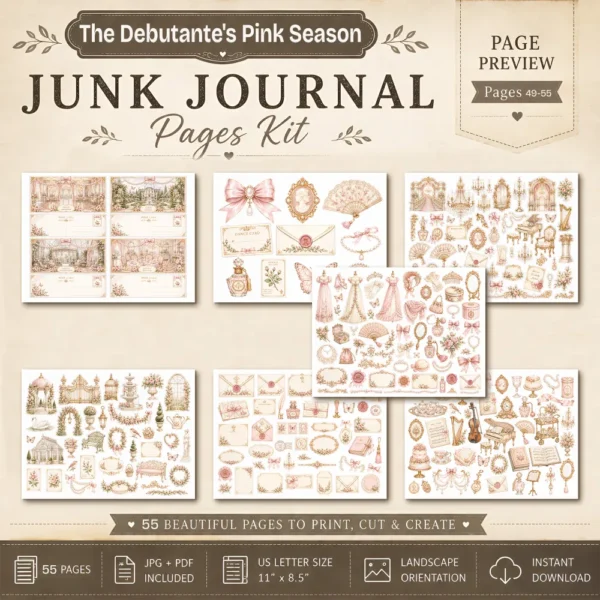 The Debutante's Pink Season Junk Journal Kit - Vintage Regency Romance Ephemera, Season of Hearts, Tags, Pockets, Ephemera, Digital Download