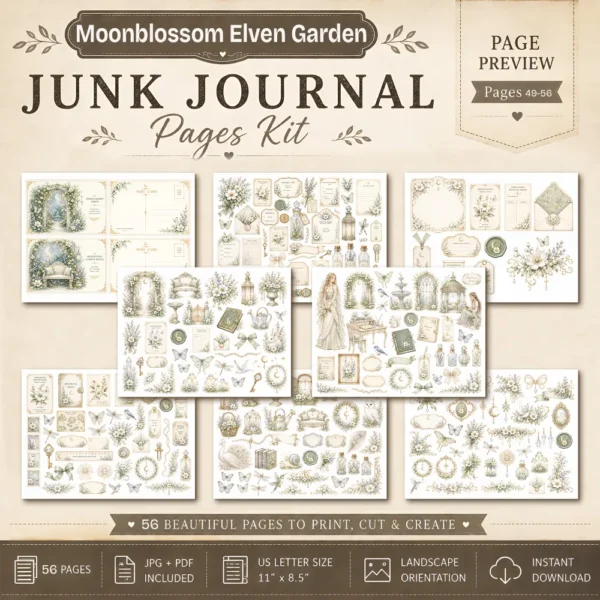 Moon Blossom Elven Garden Junk Journal Pages - Magical Forest Ephemera, Whimsical Foliage, Butterflies, Fantasy Ephemera, Digital Download