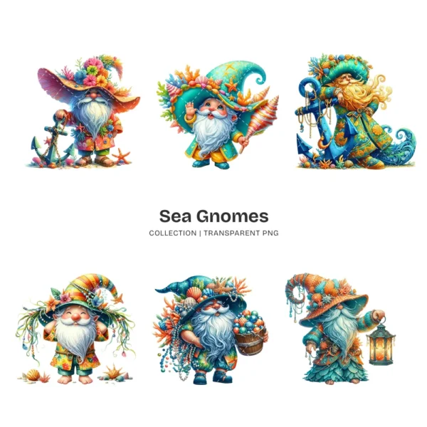 Sea Gnomes PNG Clipart Collection - 62 PNG, Whimsical Graphics, Nautical Gnome, Tropical Printable, Commercial use, Digital download