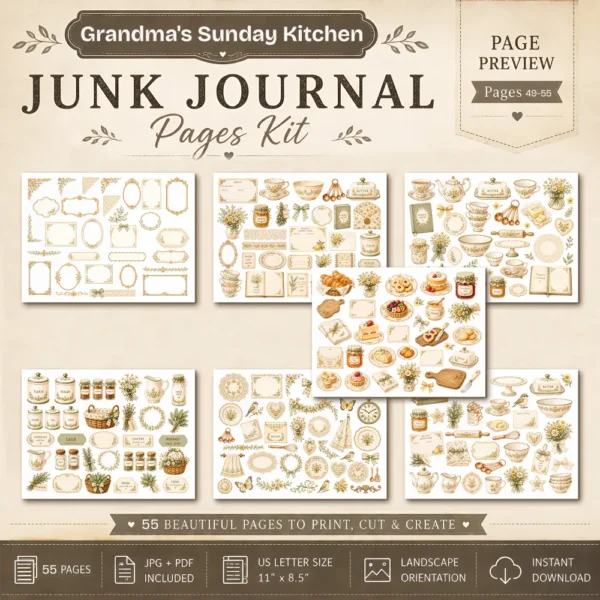 Grandmas Sunday Kitchen Junk Journal Pages - Cozy Vintage Kitchen Ephemera, Recipe Book, Bakers Pantry, Kitchen Ephemera, Digital Download