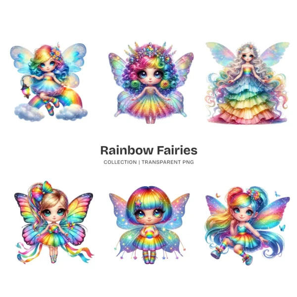 Rainbow Fairies PNG Clipart Collection - 60 PNG, Ethereal Fairies Graphics, Colorful Flowers Printable, Commercial use, Digital download