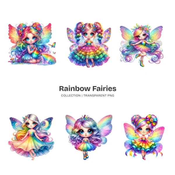 Rainbow Fairies PNG Clipart Collection - 60 PNG, Ethereal Fairies Graphics, Colorful Flowers Printable, Commercial use, Digital download
