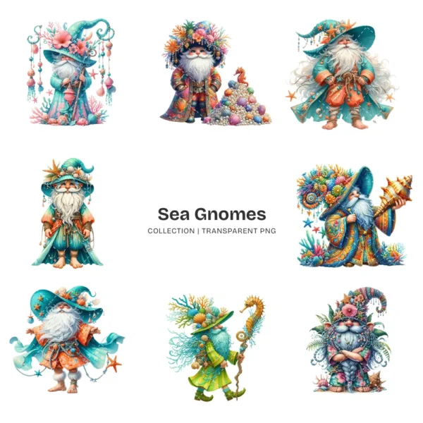 Sea Gnomes PNG Clipart Collection - 62 PNG, Whimsical Graphics, Nautical Gnome, Tropical Printable, Commercial use, Digital download