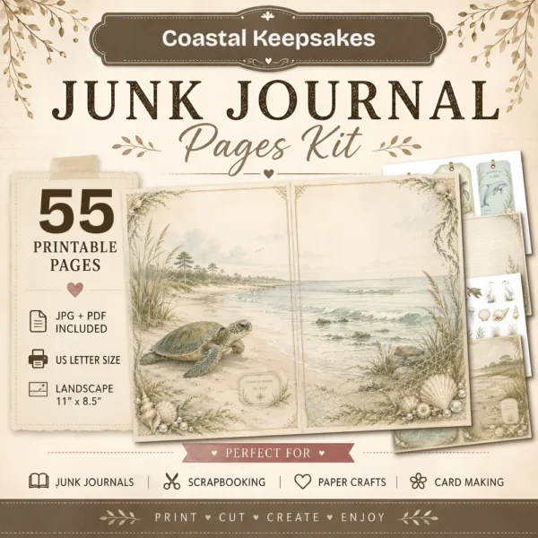 Coastal Keepsakes Junk Journal Pages - Shoreline Finds Ephemera, coastal bird, Pearls, Seashells, Ocean Life Ephemera, Digital Download