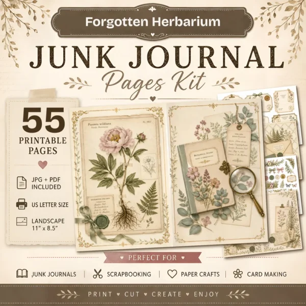 Forgotten Herbarium Junk Journal Pages - Vintage Botanical Ephemera, Nature Study, Pressed Flower, Herbal Ephemera, Digital Download