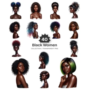 Black Women With Cool Hairstyle PNG Clipart Collection - 40 PNG, Dark Afro Graphics, Fashion Printables, Commercial use, Digital download