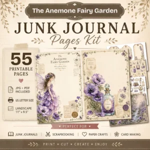 The Anemone Flower Fairy Junk Journal Pages - Whimsical Purple Ephemera, Woodland Creatures, Dreamy World Ephemera, Digital Download