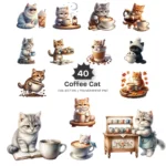 Coffee Cat PNG Clipart Collection - 40 PNG, Whimsical Graphics, Coffee Leaf, Beans, Cute Pet Printable, Commercial use, Digital download