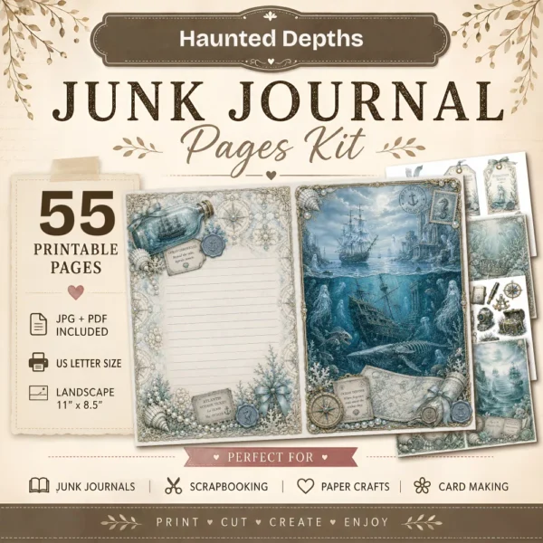 Haunted Depths Junk Journal Pages - Cursed Ocean Ephemera, Scary Sea, Deadly, Skeleton, Halloween Under the Sea Ephemera, Digital Download