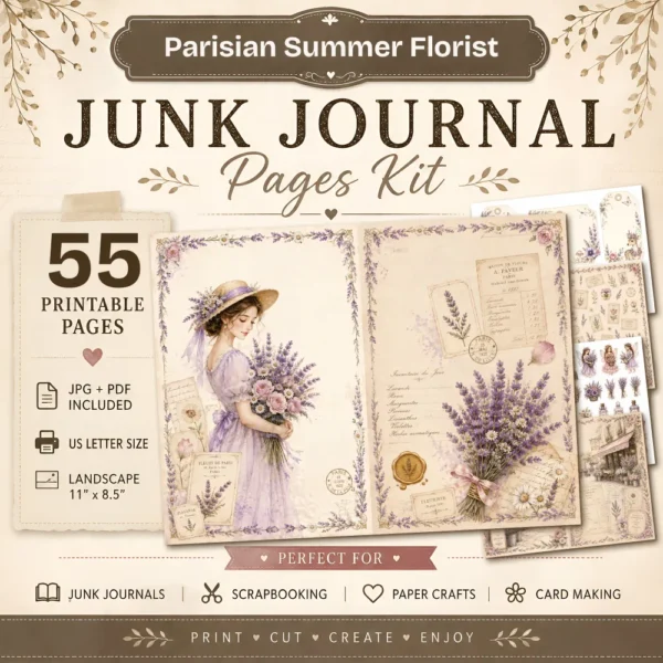 Parisian Summer Florist Junk Journal Pages - French Garden Ephemera, Vintage Floral, Flower Market, Summer Blooms Ephemera, Digital Download