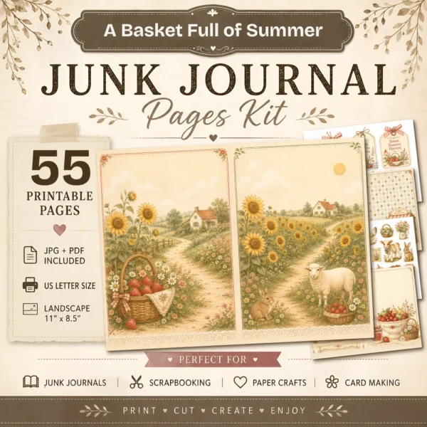 A Basket Full of Summer Junk Journal Pages - Summer In The Country Ephemera, Cottagecore Garden, Farm Animals Ephemera, Digital Download