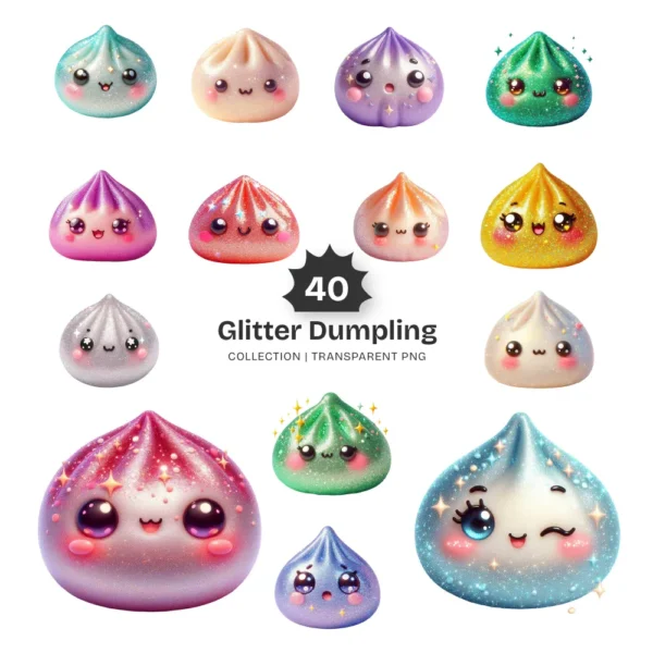 Glitter Dumpling PNG Clipart Collection - 40 PNG, Kawaii Dumpling Graphics, Sparkly Food Printable, Commercial use, Digital download