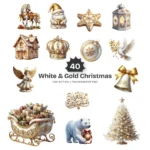 White & Gold Christmas PNG Clipart Collection - 40 PNG, White Winter Graphics, Festive Holiday Printables, Commercial use, Digital download