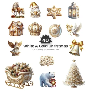 White & Gold Christmas PNG Clipart Collection - 40 PNG, White Winter Graphics, Festive Holiday Printables, Commercial use, Digital download
