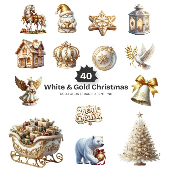 White & Gold Christmas PNG Clipart Collection - 40 PNG, White Winter Graphics, Festive Holiday Printables, Commercial use, Digital download
