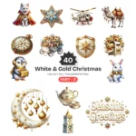 White & Gold Christmas (P-2) PNG Clipart Collection - 40 PNG, White Winter Graphics, Festive Holiday Printables, Commercial use, Digital download