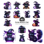 Cute Witch Cat PNG Clipart Collection - 40 PNG, Halloween cat Graphics, Black Cat, Spooky Animal Printables, Commercial use,Digital download