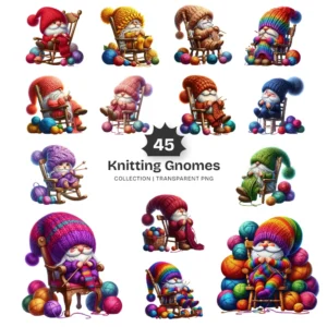 Knitting Gnomes PNG Clipart Collection - 45 PNG, Cozy Graphics, Balls of Yarn Art, Adorable Printables, Commercial use, Digital download
