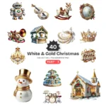 White & Gold Christmas (P-3) PNG Clipart Collection - 40 PNG, White Winter Graphics, Festive Holiday Printables, Commercial use, Digital download