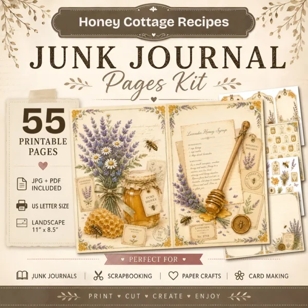Honey Cottage Recipes Junk Journal Pages - Honey Recipe Book Ephemera, Vintage Bee and Honey, Lavender, Honeycomb Ephemera, Digital Download