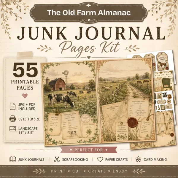 The Old Farm Almanac Junk Journal Pages - The Farm Almanac Ephemera, Country Life, Barnyard Animals, Dairy Farm Ephemera, Digital Download