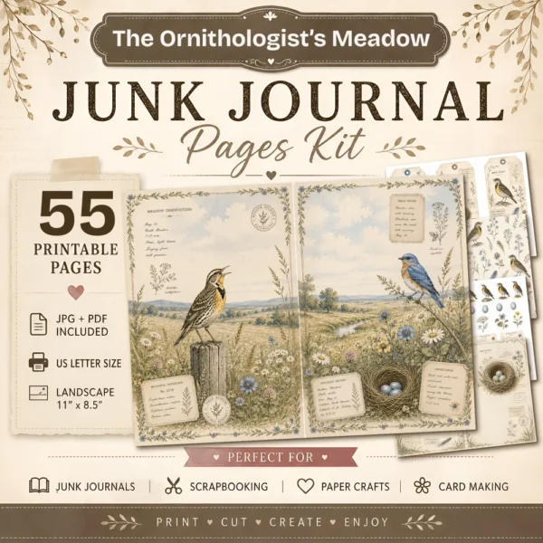 The Ornithologist's Meadow Junk Journal Pages - The Birdwatchers Ephemera, Meadowlarks and Bluebirds, Botanical Ephemera, Digital Download