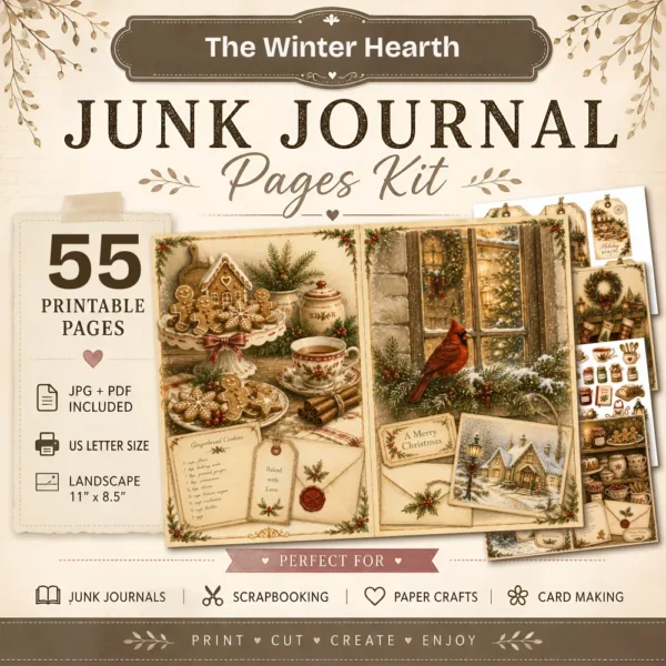 The Winter Hearth Junk Journal Pages - Cozy Winter Ephemera, Winter Retreat, Cake, Gingerbread Treats, Festive Ephemera, Digital Download
