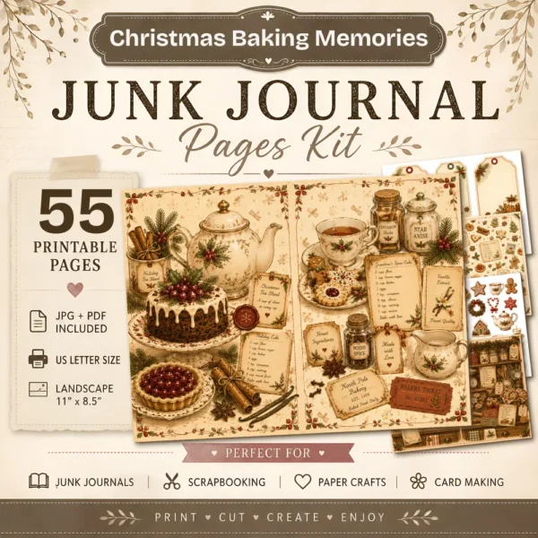 Christmas Baking Memories Junk Journal Pages - Vintage Baking Ephemera, holiday menu, Gingerbread, Cake, Festive Ephemera, Digital Download