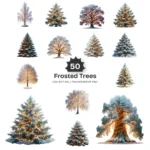Frosted Trees PNG Clipart Collection - 50 PNG, Winter Forest Graphics, Christmas Art, Festive Printables, Commercial use, Digital download