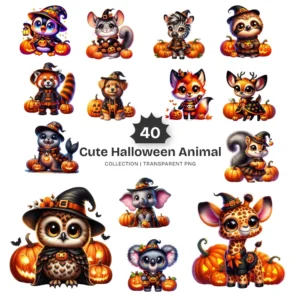 Cute Halloween Animal PNG Clipart Collection - 40 PNG, Winter Holiday Graphics, Spooky Printables, Commercial use, Digital download