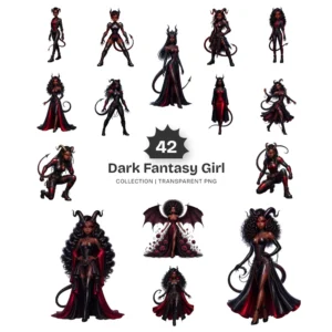 Dark Fantasy Girl PNG Clipart Collection - 42 PNG, Beautiful Demon Graphics, Dark Academia Printables, Commercial use, Digital download