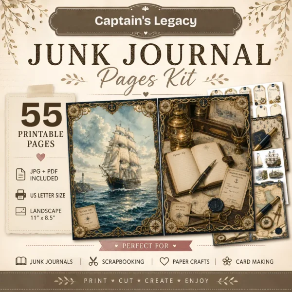 Captains Legacy Junk Journal Pages - Captains Log Ephemera, Anchors, Vintage Nautical, Classic Sea Voyages Ephemera, Digital Download