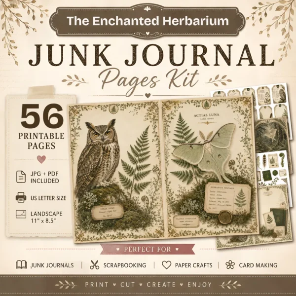 The Enchanted Herbarium Junk Journal Pages - Fernwood Herbarium Ephemera, Naturalist's Study, Woodland Nature Ephemera, Digital Download