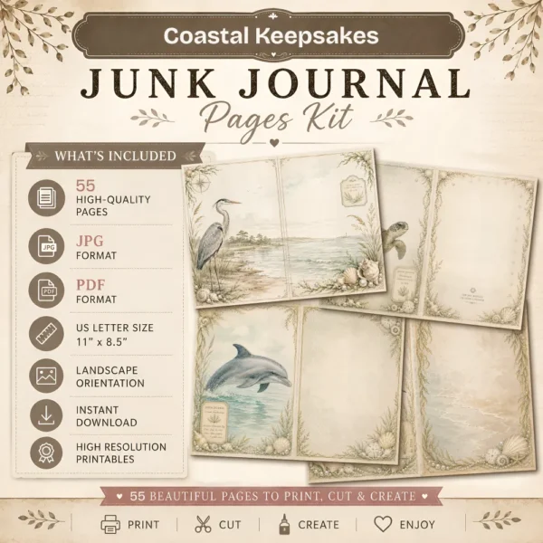 Coastal Keepsakes Junk Journal Pages - Shoreline Finds Ephemera, coastal bird, Pearls, Seashells, Ocean Life Ephemera, Digital Download