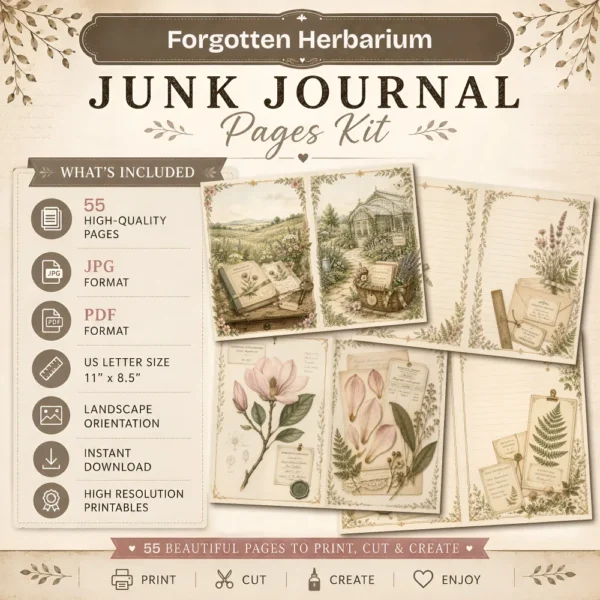 Forgotten Herbarium Junk Journal Pages - Vintage Botanical Ephemera, Nature Study, Pressed Flower, Herbal Ephemera, Digital Download