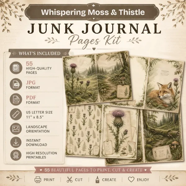 Whispering Moss & Thistle Junk Journal Pages - Woodland Nature Ephemera, Serene Forest, Fern, Mushroom, Botanical Ephemera, Digital Download