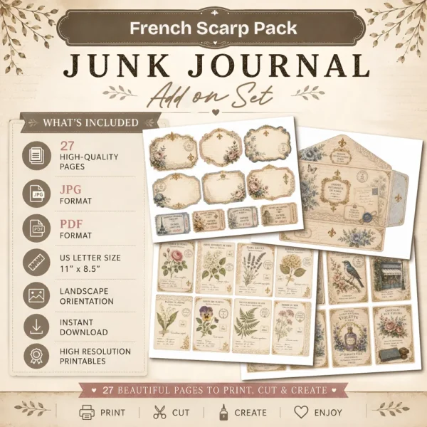 French Scrap Pack add-on set - Vintage Botanical Ephemera, French Aesthetics, Parisian Atelier Ephemera, Digital Download