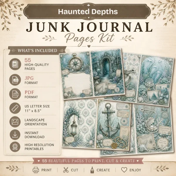 Haunted Depths Junk Journal Pages - Cursed Ocean Ephemera, Scary Sea, Deadly, Skeleton, Halloween Under the Sea Ephemera, Digital Download