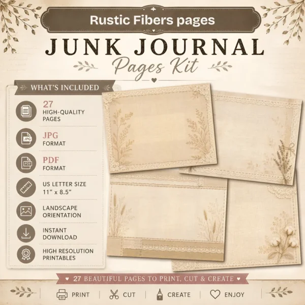 Rustic Fibers Junk Journal Background Papers - Printable, Paper, Lace and Botanical Textures, Linen Pages, Vintage Script, Digital Download