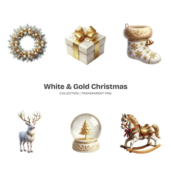 White & Gold Christmas PNG Clipart Collection - 40 PNG, White Winter Graphics, Festive Holiday Printables, Commercial use, Digital download